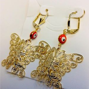 14k gold plated butterfly and turkish eye earrings